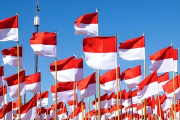 Many Indonesia red and white flags waving under blue sky