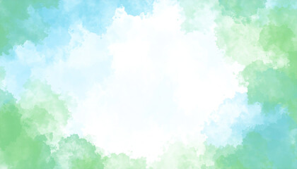 Fototapeta premium Soft blue green watercolor background with white cloudy center and abstract sky