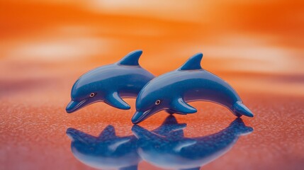 Colorful toy dolphins on a reflective surface against an orange background.