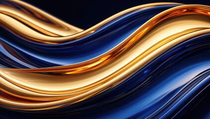 A blue and gold abstract background with wavy lines.
