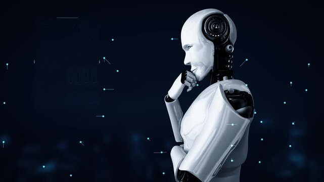 Thinking AI hominoid robot analyzing hologram screen showing concept big data analytic using artificial intelligence by machine learning process. 3D rendering.