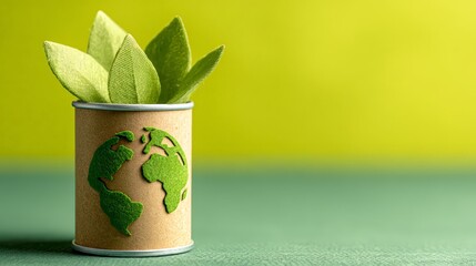 Eco-friendly can with green leaves symbolizes sustainable living and environmental care.