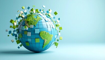 The process of green and blue squares coming together to form the shape of the Earth