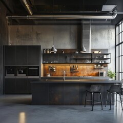 Industrial-chic kitchen with dark cabinetry, metal accents, and a large window