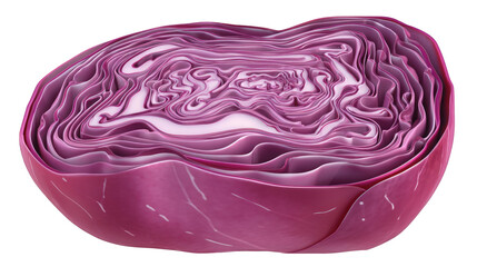 Fototapeta premium Half cut red cabbage reveals intricate layers and textures against a clean, white background creating abstract shapes