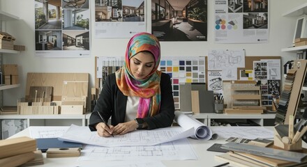 Architect woman working on plans