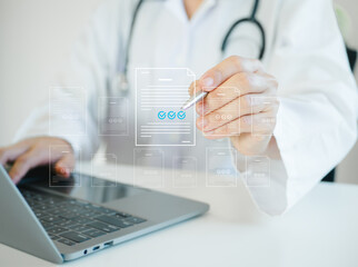 Doctor Working on ISO Certification Compliance with Digital Quality Assurance Document.