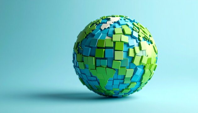 The process of green and blue squares coming together to form the shape of the Earth