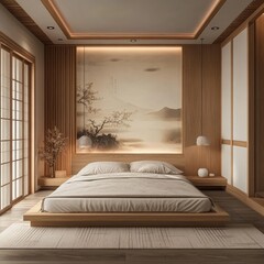 Serene minimalist bedroom with wood accents, a calming mural, and sliding doors