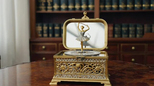 Vintage ballerina music box spinning on table in library
