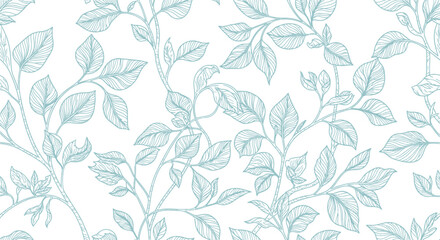 Elegant Floral Pattern Delicate Teal Leaves and Branches