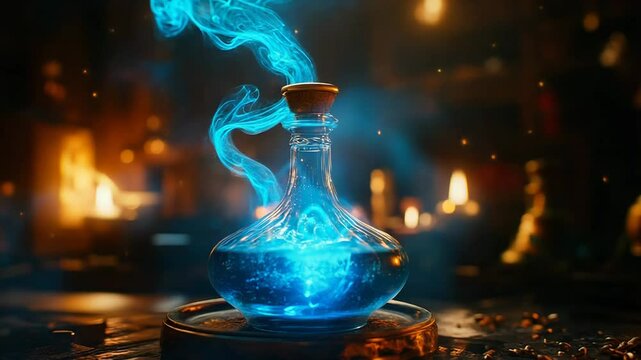 Magic potion releasing smoke in alchemist's workshop