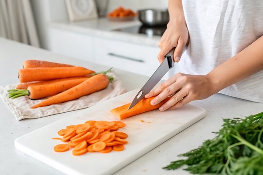 Person is cutting carrots on a cutting board