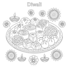 Diwali festival sweets and diyas coloring page isolated on transparent background