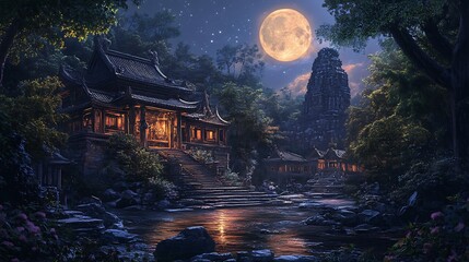 Moonlit asian village scene