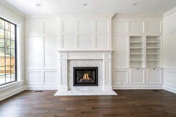 Large white fireplace with a black mantle sits in a large room