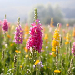 Obraz premium A vibrant field of mixed-color snapdragons swaying gently in a sunny meadow with a warm, soft focus, where one central bloom stands out with delicate