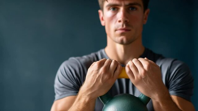 Focused Strength: A determined individual grips a kettlebell, embodying strength and dedication in this compelling fitness portrait.