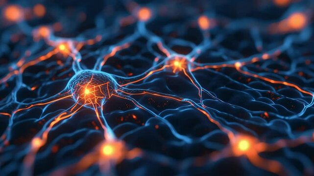 A vibrant digital illustration shows glowing neural connections and a central neuron in a network, symbolizing brain activity.