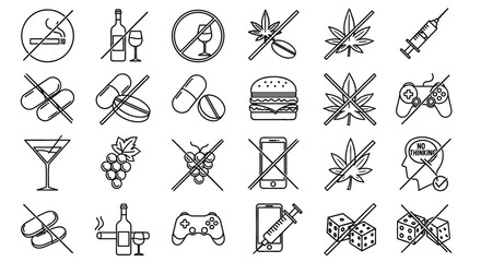 Collection of various prohibitory signs displayed. Symbolizes prevention and negative health impacts, promoting healthy choices.