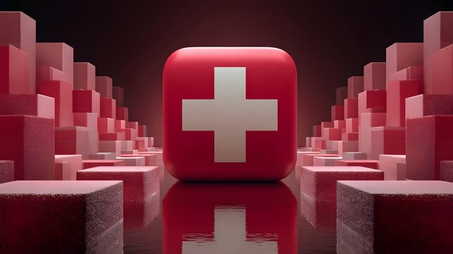 3D-W&uuml;rfel mit Schweizer Kreuz in modernem geometrischen Raum
