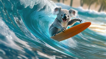 laughing koala surfing on giant eucalyptus leaf wave