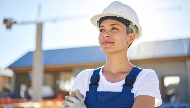 Mujer joven con casco blanco y chaleco reflectivo, de pie en zona de construcci&oacute;n bajo el sol, expresi&oacute;n decidida y fondo urbano con estructuras met&aacute;licas