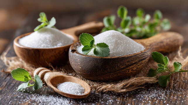 Natural sweeteners including crystal and powdered stevia next to sugar on a wooden table