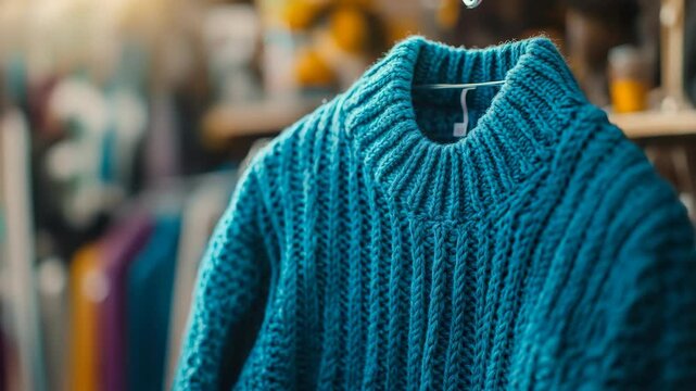 Blue knitted wool sweater with ribbed texture hanging on a hanger, photographed in warm natural light, cozy winter fashion clothing concept