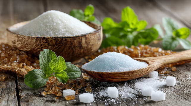 Natural sweeteners including crystal and powdered stevia next to sugar on a wooden table