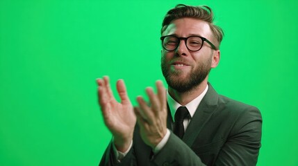 A businessman applauding with enthusiasm in front of a green screen, expressing joy and achievement.