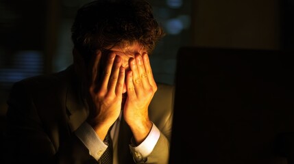 A businessman expresses frustration while working late at night, highlighting the challenges of modern work life.