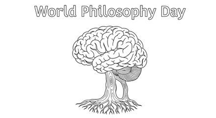 World philosophy day text with a brain shaped tree isolated on transparent background
