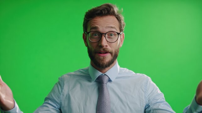 A businessman in formal attire gestures positively against a green screen, signifying opportunity and engagement. - Powered by Adobe