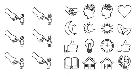 Outline icons representing growth and connection. Symbols for support, learning, and positive values.
