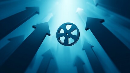 A film reel floats in a blue space surrounded by upward-pointing arrows, symbolizing growth and progress in the movie or entertainment industry.