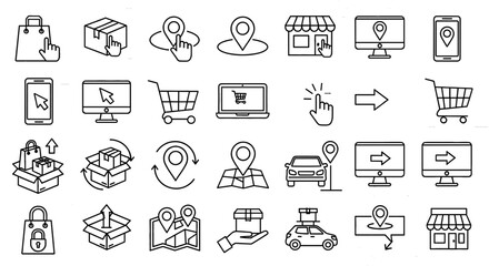 Online shopping icons collection representing retail purchases. E-commerce, delivery, logistics, shopping cart, online store