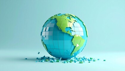 A blue and green translucent pixel globe on a background, with pieces flying around it