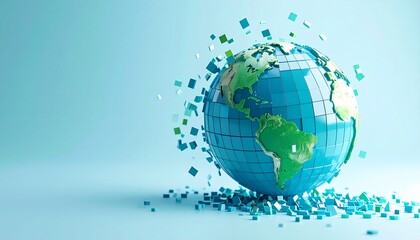 A blue and green translucent pixel globe on a background, with pieces flying around it