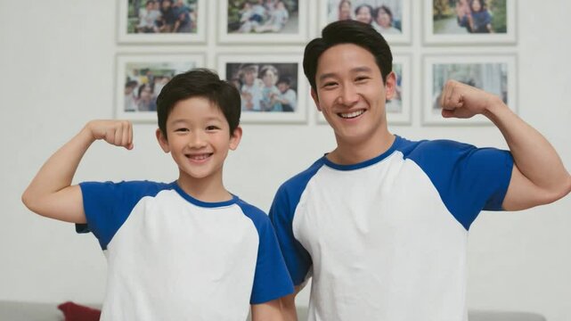 Father and Son Strong: A joyful portrait of a father and son flexing their biceps, showcasing their strength and bond. The image is filled with warmth and positive energy.