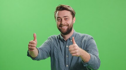 A cheerful young man giving a thumbs-up gesture with a green screen background.