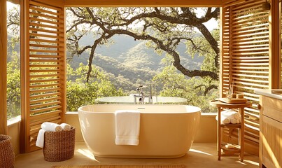Fototapeta premium A Luxurious Bathroom Features a Bathtub Overlooking a Green Landscape