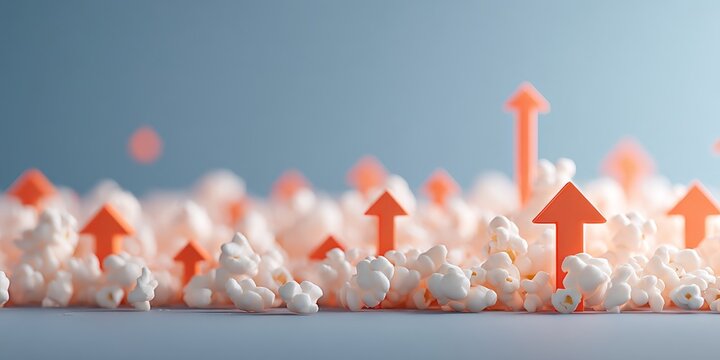 Popcorn scattered with upward-pointing red arrows, symbolizing growth or increase in a playful, abstract setting. - Powered by Adobe