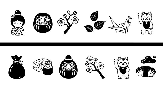 Japanese icons and symbols shown in two rows. Traditional japanese culture, art, luck, wealth, sushi, doll, blossom