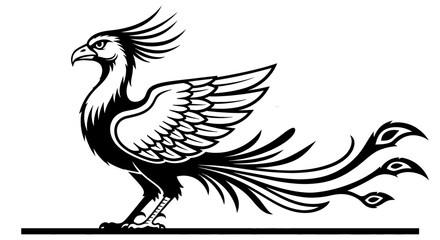 Phoenix bird standing tall with stylized feathers. Mythical creature, rebirth, fantasy, mythology, power, resilience