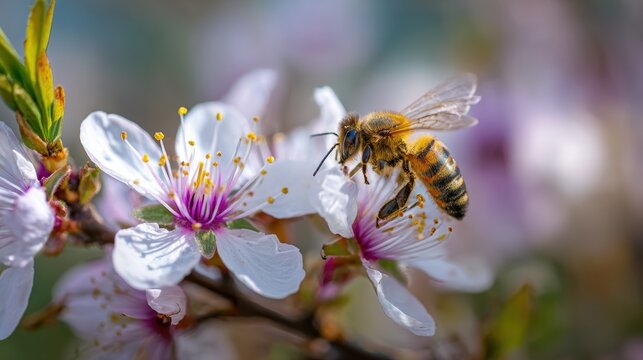 A close-up of a bee collecting nectar from vibrant blossoms, showcasing nature's pollination process.