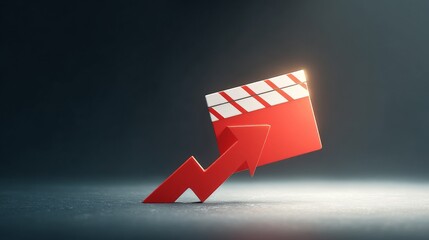 A red clapperboard icon with a rising arrow symbolizes growth or success in the film or entertainment industry.