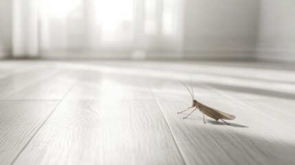 Light-filled room with insect on light wood floor