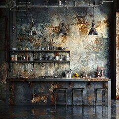 Industrial-style kitchen with rustic metal accents and distressed wall