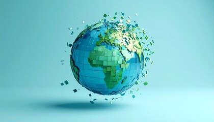 A blue and green translucent pixel globe on a background, with pieces flying around it